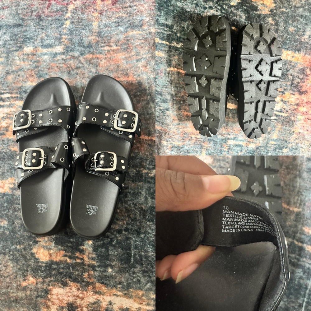 Wild Fable Black Double-Buckle Stud Slide Sandals 10 NWOT